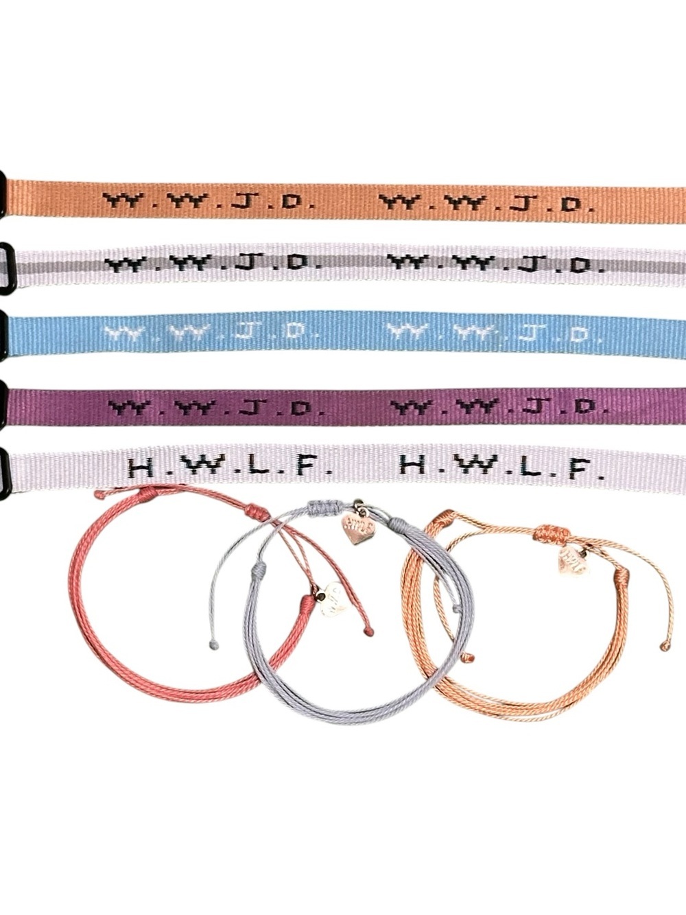 H.W.L.F. & W.W.J.D. -5 Pastel Woven Ribbon & 3 Cord Bracelet Set with Initials